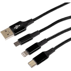 Maplin 3 in 1 Lightning & Micro USB & USB-C auf USB-A Geflochtenes Kabel, schwarz, für iPhones 15,14,13,12,11, iPad Air/Mini, iPad, Android-Handys inc Samsung S7/S6/S5, Sony, Huawei, PS4, HTC, Kindle,