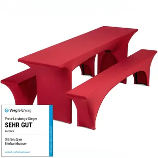 Gräfenstayn® Leopold Stretch - Biertischhussen-Set 3 TLG für Bierzeltgarnitur - 50cm oder 70cm Tischbreite - mit Öko-Tex Siegel Standard 100 : "Geprüftes Vertrauen (Rot, 70x220cm)
