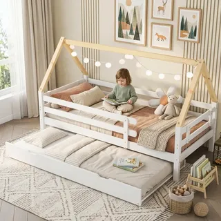 Flieks Kinderbett 90x200cm mit Lattenrost, Hausbett Einzelbett mit Ausziehbarem Bett, Tagesbett  Gästebett Massivholzbett, Weiß - Weiß