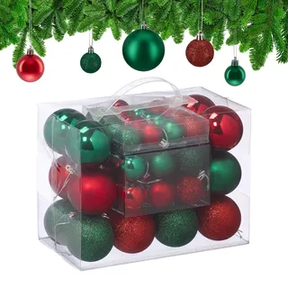 Relaxdays Weihnachtskugeln 50er Set, Weihnachtsdeko, matt, glänzend, glitzernd, Christbaumkugel ∅ 3, 4 & 6 cm, grün/rot