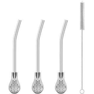 3 Stück Strohhalme Edelstahl mit Löffel, Wiederverwendbare Trinkhalme Edelstahl, Strohhalm Löffel mit Reinigungsbürste, Spülmaschinenfeste, Mate-Strohhalme für Tee, Stanley-Cups & Mehr (12.5cm)