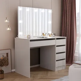 Idohome Schminktisch mit Spiegel, Schminkkommode modern, Frisiertisch mit Schubladen, Kosmetiktisch mit Beleuchtung, Schmuckschrank in Kaschmir BELLA - Beige