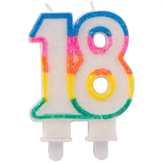 Folat 22891 – Glitzerkuchenkerze Regenbogen mit Halterung – Zahl 18 – ca. 9 x 6 x 1,5 cm