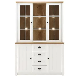 Furn.Design Buffetschrank weiß Pinie, Eiche hell Landhaus, Buffet 130 x 198 cm , Weiß, Eichefarben , Holzwerkstoff , Nachbildung,Pinie , 6 Fächer , 4 Schubladen , Sockel , 130x198x43 cm , FSC 100% , Esszimmer, Anrichten, Buffetschränke