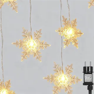 Mini Lichtervorhang mit 16 Schneeflocken, LED-Lichterkette mit Wasserdicht, Warmweiß, Lichtergirlande 180cm + Netzteil, für Garten, Weihnachten Deko