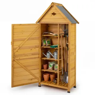 FANTASK Gartenschrank Holz, Gartenhaus mit 4 abnehmbare Regalböden & abschließbarer Tür, Outdoor Gartenschuppen mit Luftventil & geneigtes Metalldach, Gartenhütte für Terrasse, Garten & Balkon