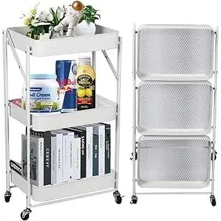ECRIZA Küchenwagen Servierwagen Badregal Organizer Regal auf Rädern Rollwagen Küchenregal klappbar Allzweckwagen für Küche Badezimmer Bad und Büro mit 3 Ebenen (Weiss)