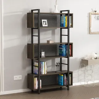 Hanah Home Modern Industrial Bookshelf, Walnut Color, 90 x 25 x 160 cm | 100% Melamine Coated Particle Board, Metal Frame & Legs | Wall-Fixable, Stylish Storage Solution