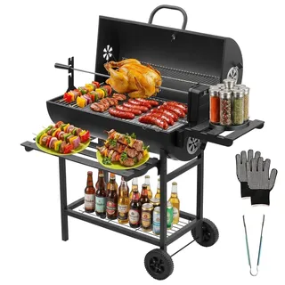 DEWINNER XXL Holzkohlegrill, Karbonstahl mit Deckel & Thermometer, abnehmbarer Hähnchenbräter, Verbrennungshandschuhe und Zange inklusive, Rollen, ideal für Garten/Terrasse/Camping