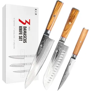 FUJUNI Damastmesser Set, 3-Teilig Messerset Damast Mit Extrem Scharf Klinge Aus 67 Lagen VG-10 Damaststahl Messer, Olivenholzgriff, Geschenkbox