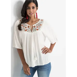 Tunika BONPRIX, Damen, Gr. 48, weiß (wollweiß), Obermaterial: 100% Viskose, A-Linie, Tuniken Tunika, Casual Stil, A-Linie Passform, Kurzarm-Design, mit Stickerei