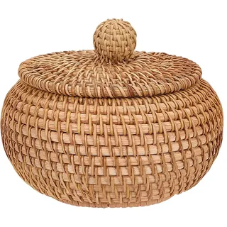 FREEBLOSS Runder Rattankorb Mit Deckel Kleiner Weidenkorb 5.7"X 3" dekorative Aufbewahrungsbox Aus Rattan Für Eingangsbereich Und Wohnaccessoires