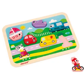 Janod - Chunky Puzzle - Die Fahrzeuge - FSC-Holz - 7 Teile - Fördert Feinmotorik, Konzentration und Fantasie - Ab 18 Monaten, J07124