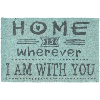 Relaxdays Fußmatte Kokos Spruch HOME WHEREVER I AM WITH YOU 40 x 60 Kokosmatte mit rutschfester PVC Unterlage Fußabtreter aus Kokosfaser als Schmutzfangmatte und Sauberlaufmatte Türvorleger, türkis
