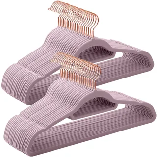 Songmics Kleiderbügel Samt, 50er Set, Bügel, rutschfest, kleine Stange für Krawatten, 360° drehbarer Haken, 0,6 cm dick, platzsparend, 43,5 cm lang, für Mäntel, Hosen, Roségold-Zartlila CRF021GP50