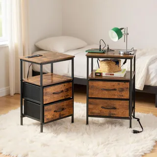 FurnitureR 2 Nachttische für Erwachsene, Beistelltisch mit mehrfarbigen LEDs, 2 AC-Sockel, 2 USB-Anschlüsse für Drawers, 2 Schubladen aus Stoff, industrieller Retro-Stil, Braun, 40 x 30 x 60 cm