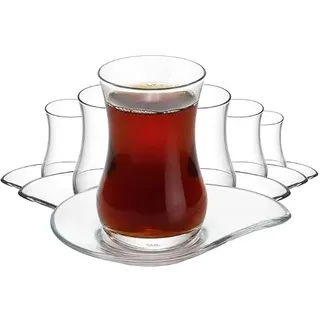 NORDIC SCHILLER Türkische Teegläser Set 165ml 12-teilig (6 Personen) | Mit Untertasse, 6 Teegläser, 6 Untersetzer, Teebecher Set 12 Stück, Cay Bardagi Seti