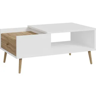 Forte EasyKlix HARLLSON Couchtisch Weiß mit Holz Dekor: Mauvella Eiche, Wohnzimmertisch mit 1 Schublade, skandinavisch, Retro, Vintage Stil, hoche Holzfüße, 106 cm breit x 45 cm hoch x 60 cm tief