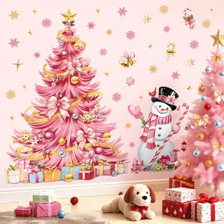 decalmile Weihnachten Fenster Wandtattoo Weihnachtsbaum Rosa Große Wandaufkleber Winter Schneemann Weihnacht Schneeflocken Wandsticker Schaufenster Weihnachten Party Weihnachtsdeko