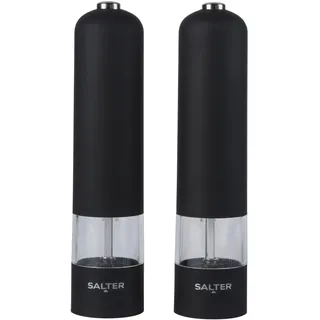 Salter Elektrisches Salz- & Pfeffermühlen-Set – Einhandbedienung, Keramikmahlwerk, einstellbarer Mahlgrad von fein bis grob, Gewürzmühle mit weichem mattschwarzem Finish & beleuchtetem Sockel
