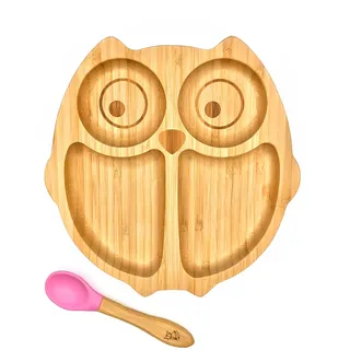 Kleiner Fuchs Hochwertiges Bambus Teller mit Saugnapf, Rutschfestem Saugnapf mit passendem Baby Löffel Macht Mahlzeiten Spaß, Bambus Geschirr Set mit Geschenkbox - Essenlernen mit Eule Design