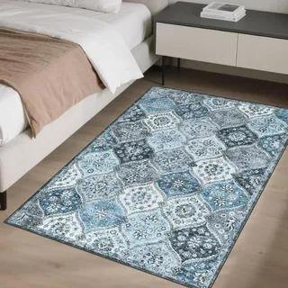 LuxFocus Waschbarer Kleiner Teppich 80x150 cm, floraler Vintage-Teppich fürs Schlafzimmer, orientalische Bettumrandung, Rutschfester Kurzflor, Grau Blau