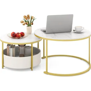 COSTWAY Couchtisch rund 2er Set, Wohnzimmertisch Marmor Optik, Beistelltisch mit Stauraum, Kaffeetisch mit Korb aus Stoff, Satztisch für Wohnzimmer - Weiß, Gold