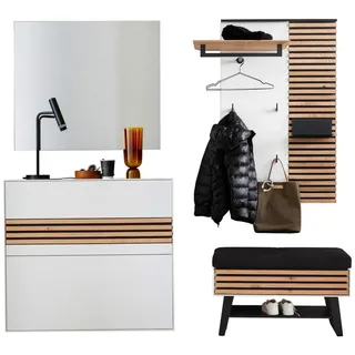 Schöner Wohnen Garderobe , Anthrazit, Weiß, Eichefarben , Holz, Metall, Glas, Textil , 5-teilig , Kerneiche , massiv , 202x196x41 cm , Goldenes M , Garderobe, Garderoben-Sets & Garderoben-Serien, Garderoben-Sets