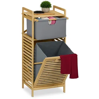 Relaxdays Wäschekorb, kippbarer Wäschesammler, 30 Liter, Ablage & Schublade, Bambus, Stoff, HBT: 95x40x33 cm, Natur/grau