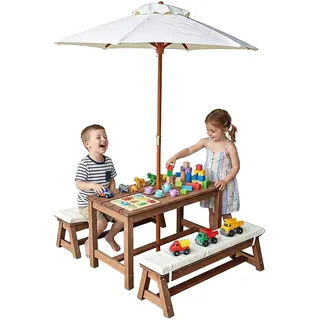 Relaxdays Kindersitzgruppe für draußen, Garten Picknickbank mit Schirm & Kissen, Holz, Gartengarnitur für Kinder, braun