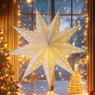 KUWUNG Weihnachtsstern Beleuchtet, 3D Papierstern Weihnachtsstern zum Aufhängen, 60cm LED Advents Leuchtstern Fenster, Papiersterne zum Aufhängen, Hängende Weihnachtsdeko Leuchtstern