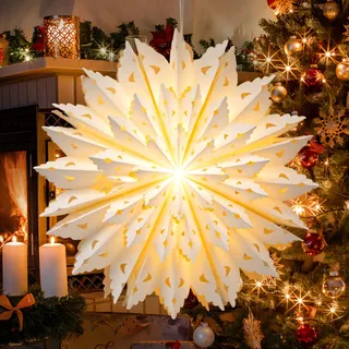 45CM Weihnachtsstern Beleuchtet, LED Stern Weihnachtsbeleuchtung Innen, Papierstern für Fensterdeko Weihnachten mit Lichterkette Warmweiß, Faltbar Hängende Weihnachtsdeko Stern Leuchtend 3D Papier