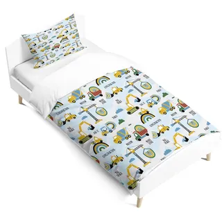 Bettwäsche Set Traktor - Bettbezug 90 x 190 cm - Kissenbezug 40 x 60 cm - Cartoonstil Wolken - Glatte Reißverschluss - Für alle Jahreszeiten - Kinderbettwäsche