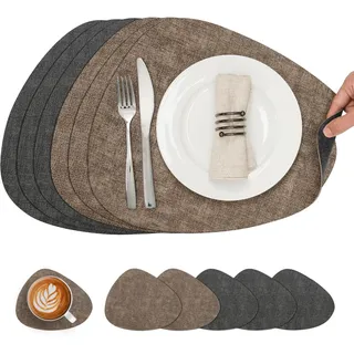 Chitomars Tischsets Kunstleder und Untersetzer, Tischsets Abwaschbar Doppelseitigen rutschfest Platzsets Rund Lederoptik Platzdeckchen Teller Untersetzer (6er Set, Grau Braun)