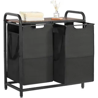 VEVOR Wäschekorb Wäschesammler mit Holztischplatte, Wäschesortierer mit 2 ausziehbaren Beuteln (600D Oxford Stoff) & Metallrahmen, Wäsche-Sortiersystem für schmutzige Kleidung Badezimmer Schwarz