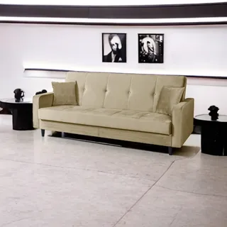 Sofa Luna Schlafsofa im skandinavisches Stil, Couch mit Schlaffunktion und Bettkasten, Polstersofa für Wohnzimmer 213 cm Farbe: Paris 121 – beige - Beige, Hellbraun