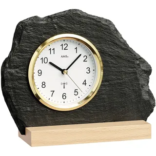 AMS 5115 Tischuhr Funk silbern golden Holz Buche mit Glas Schiefer Naturschiefer - Weiß