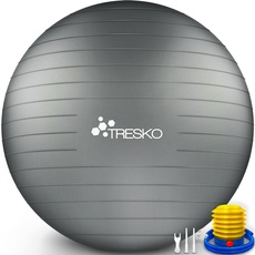 TRESKO Gymnastikball mit GRATIS Übungsposter inkl. Luftpumpe - Yogaball BPA-Frei | Sitzball Büro | Anti-Burst | 300 kg,Grau,55cm (für Körpergröße unter 155cm)