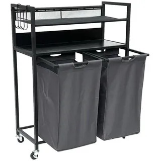 DanDiBo Ambiente Wäschekorb 2 Fächer mit Ablagen Schwarz Metall mit Rollen Wäschebox Wäschekorb Wäschesack Modern - DanDiBo