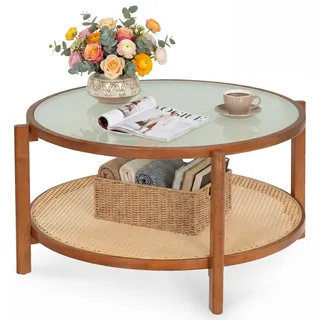 COSTWAY Couchtisch Rund 2-Ebenen, Wohnzimmertisch Holz Glasplatte, Rattan-Ablage, Boho-Beistelltisch für Wohnzimmer, 80 x 45 cm, Walnuss - Naturbelassen