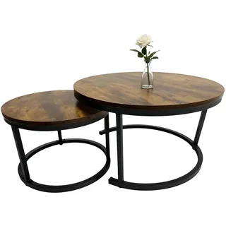 Relaxdays Satztisch 2er Set, Industrial Design, Ø 50 cm & 70 cm, Holzoptik & Metall, runde Beistelltische, braun/schwarz