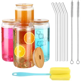 LCXCXY Packung mit 4 trinkgläser mit deckel, 450 ml gläser mit deckel und strohhalm, glas mit deckel und strohhalm, kann als cola becher, saftbecher, cocktailbecher, kaffeebecher verwendet werden