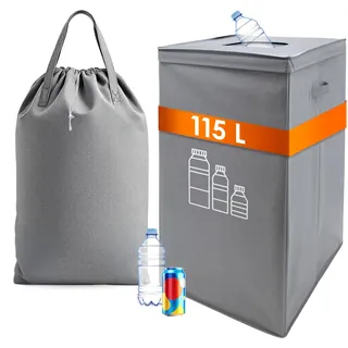 Pfandflaschen Sammelbehälter mit entnehmbarer Tragetasche - 115 L - Pfandflaschensammler mit Deckel und Tragegriffen - Flaschensammler Flaschenbehälter Getränkedosen Pfandsammler für 30-45 Flaschen