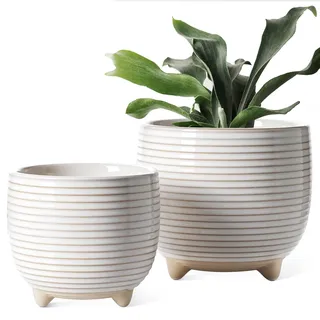 LE TAUCI Blumentopf Keramik mit Füßen, 12+16 cm Durchmesser Klein Übertöpfe Set, 2 er Pack Blumentopf für Zimmerpflanzen mit Abflussloch, Reaktive Glasur Weiß