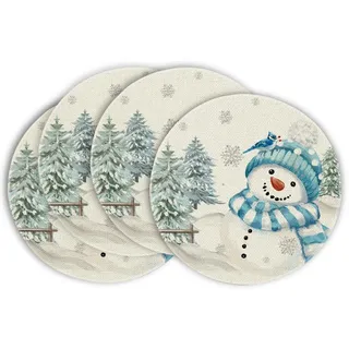 Artoid Mode Blau Schneemann Weihnachten Runde Platzsets 4er Set, 37cm Winter Xmas Tischset Platzdeckchen Küche Party Deko