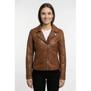 Lederjacke MAURITIUS "MWPaige", Damen, Gr. S, braun (cognac), Obermaterial: 100% Schafsleder. Futter: 100% Baumwolle. Ärmelfutter: 100% Polyester, unifarben, regular fit kurz, eingesetzt abgesteppt, Jacken Lederjacke, im Biker-Style asymetrischem Reißverschluss, Reverskragen