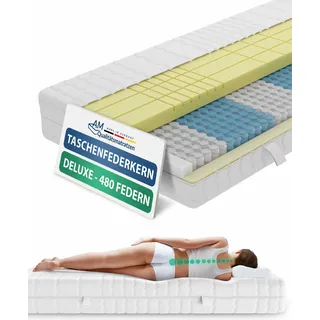 AM Qualitätsmatratzen | 3D Deluxe 7-Zonen Taschenfederkernmatratze | 80x200 cm | H4 | Tonnentaschenfederkernmatratze mit Kaltschaum | 80/200 | Federkernmatratze | Härtegrad H4 | 7 Zonen | 24 cm Höhe - Weiß