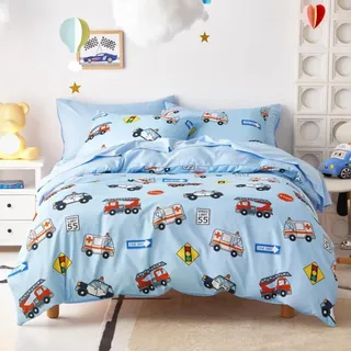 Freyamy Kinder Bettwäsche 135x200cm Blau Bunt Cartoon Auto Jungen Kinderbettwäsche Mikrofaser Cars Automotiv Babybettwäsche Bettbezug mit Reißverschluss und Kissenbezug 80x80cm