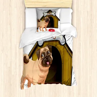 ABAKUHAUS Mops Bettbezug Set für Einzelbetten, Hund Haus Cartoon-Stil, Milbensicher Allergiker geeignet mit Kissenbezug, Blasser Kaffee Sandbraun Rot - Rot