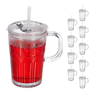 Relaxdays Trinkgläser 10er Set, mit Deckel & Strohhalm, Eisteebecher 450 ml, Saftglas Henkel, transparent